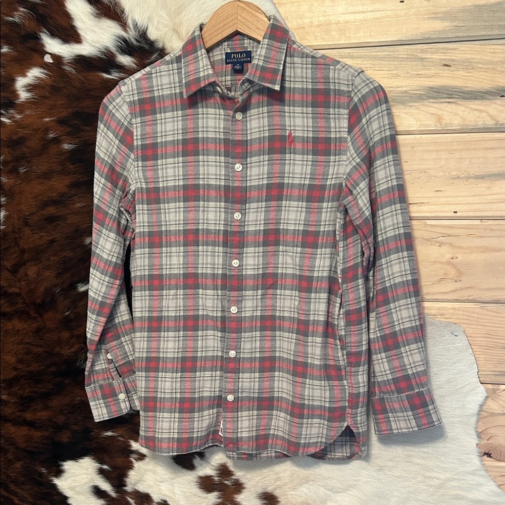 Polo by Ralph Lauren Kids Gray and Red Plaid Flannel “with pockets” Size 14